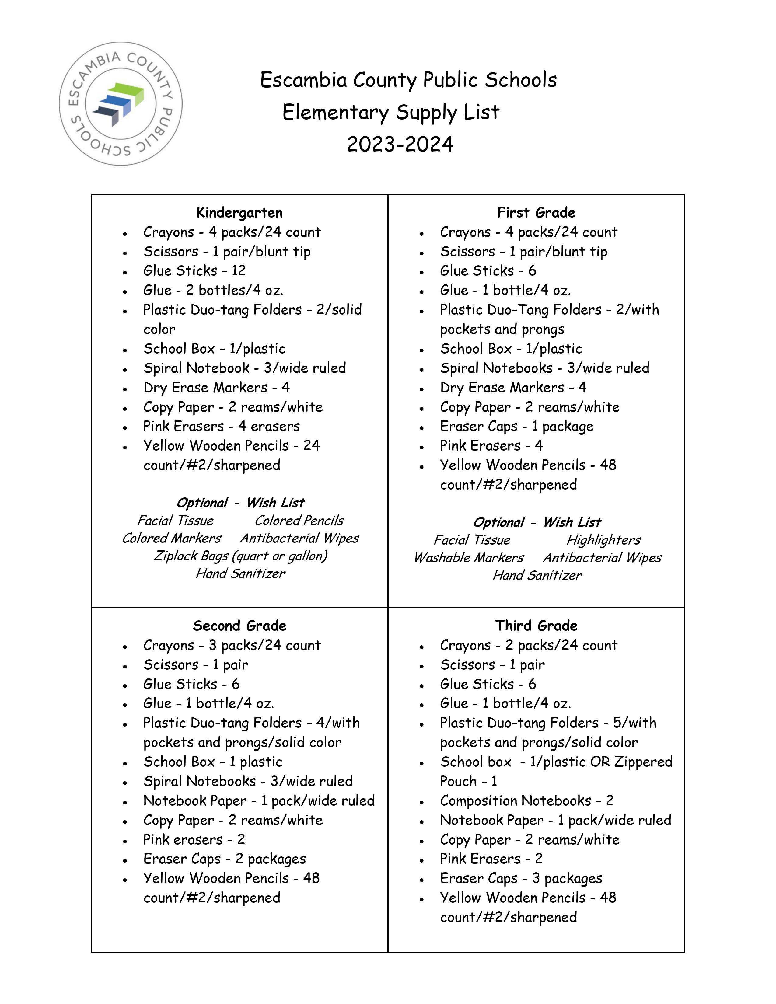 School Supply List Grades K-3